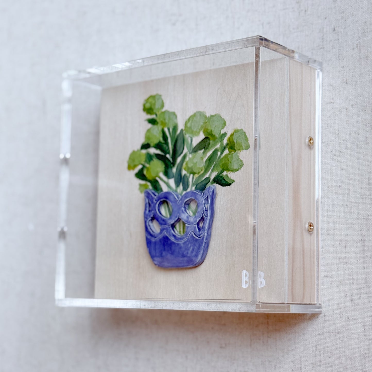Handmade Ceramic Vase with Original Painted Floral Acrylic Shadowbox - Blue Cutout Vase with Hydrangeas | 6x6x3