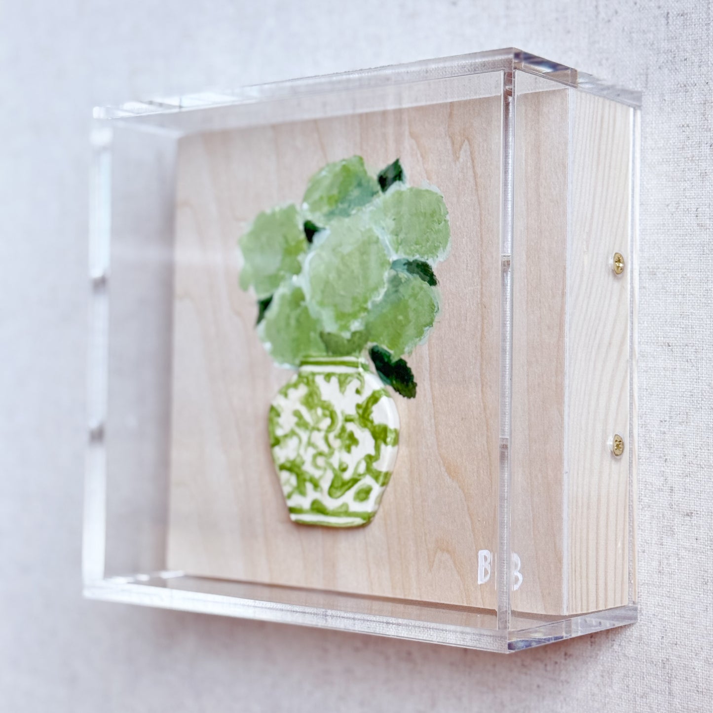 Handmade Ceramic Vase with Original Painted Floral Acrylic Shadowbox - Green Vase with Green Hydrangeas | 6x6
