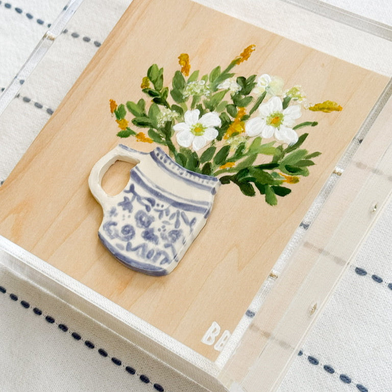 Handmade Ceramic Vase with Original Painted Floral Acrylic Shadowbox - Jamestown Cosmos | 6x6x3