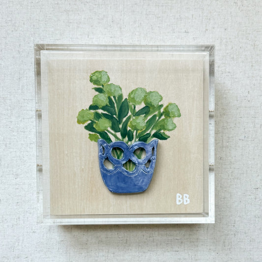 Handmade Ceramic Vase with Original Painted Floral Acrylic Shadowbox - Blue Cutout Vase with Hydrangeas | 6x6x3