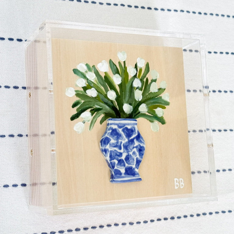 Handmade Ceramic Vase with Original Painted Floral Acrylic Shadowbox - Tulips in Blue Vase | 6x6x3