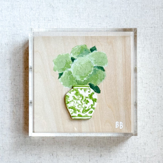 Handmade Ceramic Vase with Original Painted Floral Acrylic Shadowbox - Green Vase with Green Hydrangeas | 6x6