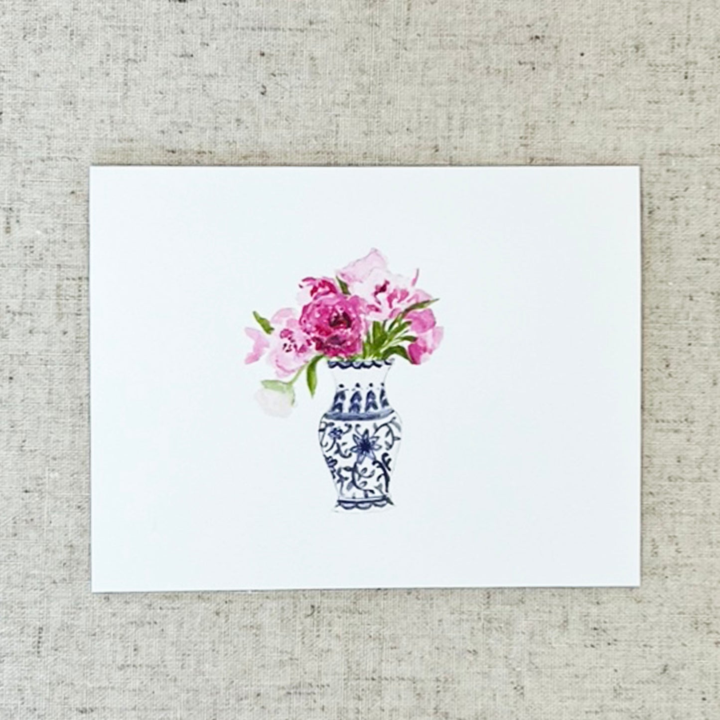 Pink Peonies in Blue and White Vase Folded Card Stationery | Set of 8