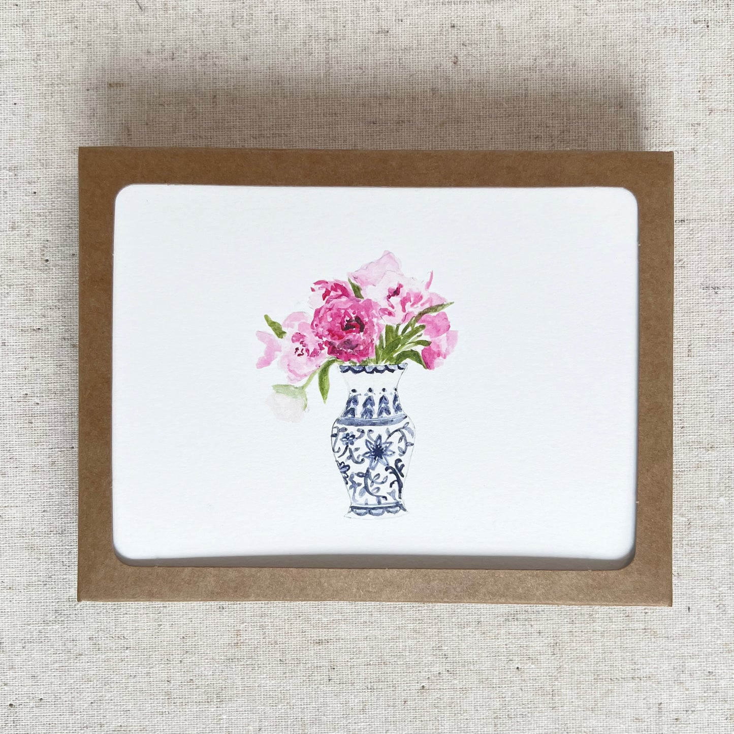 Pink Peonies in Blue and White Vase Folded Card Stationery | Set of 8