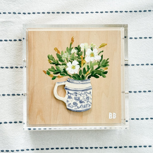 Handmade Ceramic Vase with Original Painted Floral Acrylic Shadowbox - Jamestown Cosmos | 6x6x3