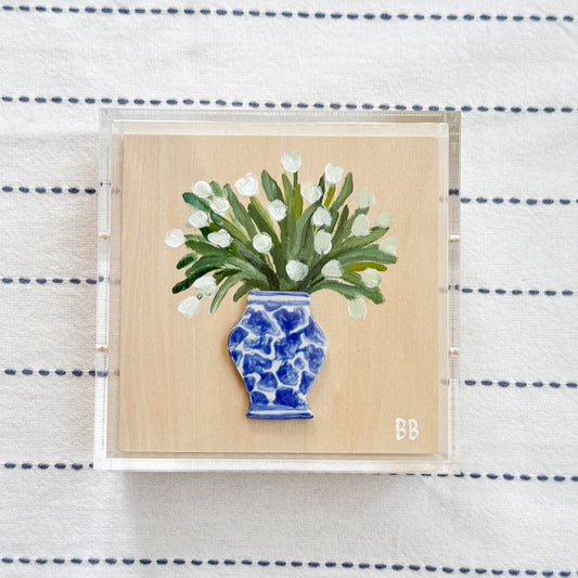 Handmade Ceramic Vase with Original Painted Floral Acrylic Shadowbox - Tulips in Blue Vase | 6x6x3