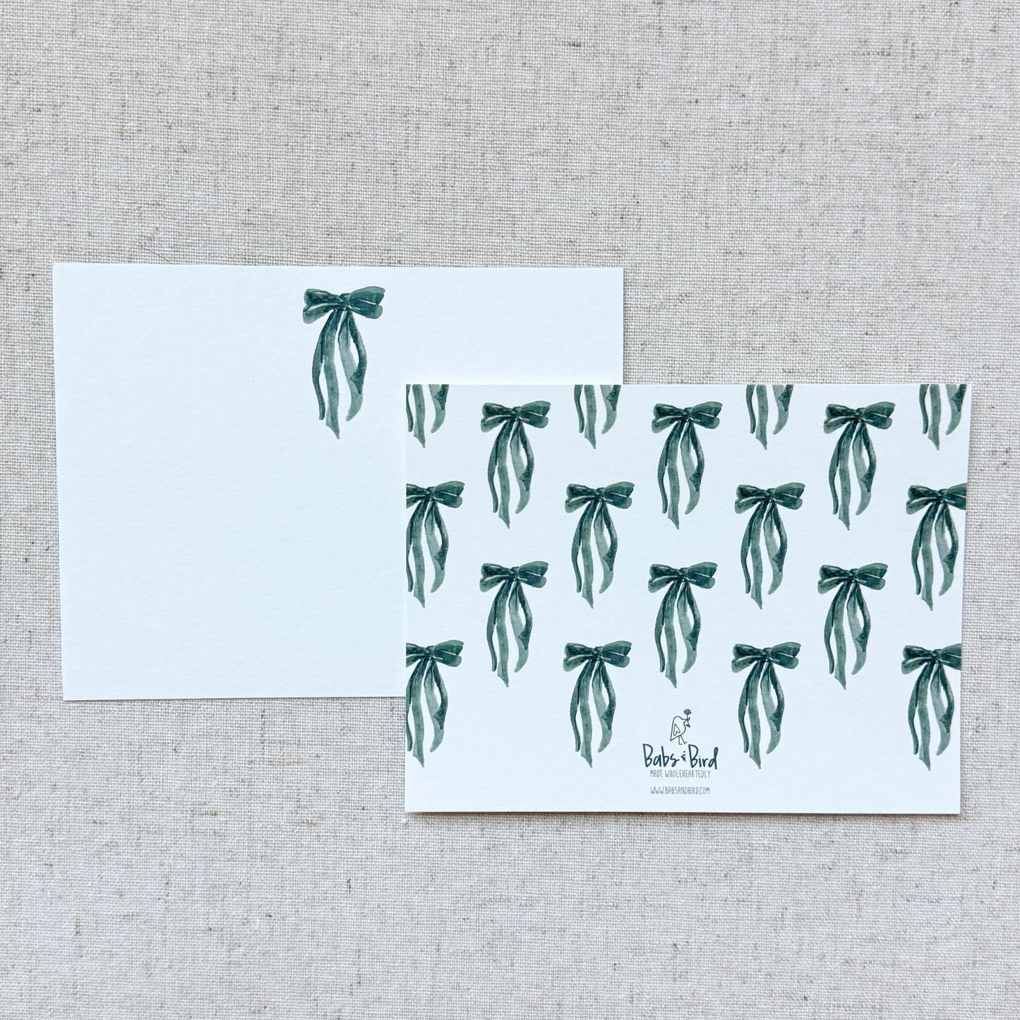 Green Velvet Bow Card Stationery | Set of 8
